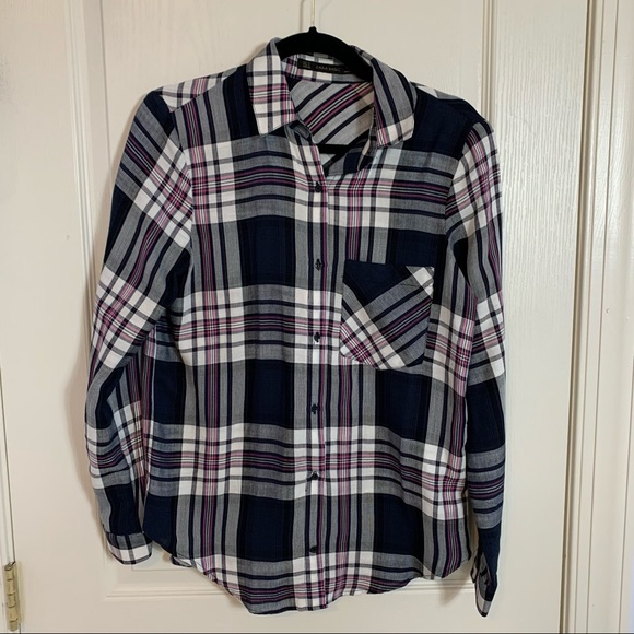 Zara‎ Basic Blouse Top Button Down Plaid Flannel - Picture 1 of 3